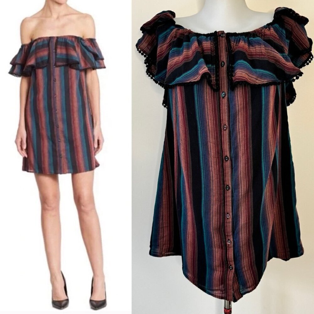 WAYF Mini Dress Striped Off the Shoulder Pom Pom Ruffle Lined Boho Beachy Sz L